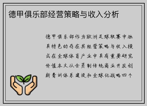 德甲俱乐部经营策略与收入分析