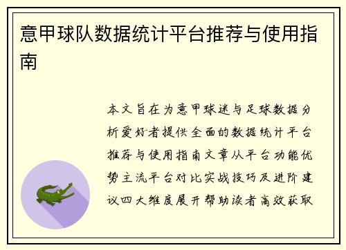 意甲球队数据统计平台推荐与使用指南